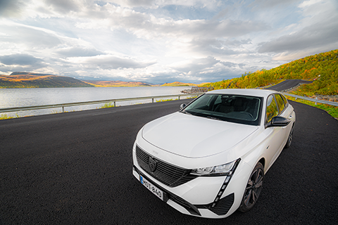 Valkoinen henkilöauto ruskamaisemissa.